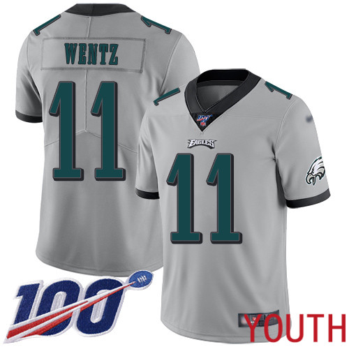 Youth Philadelphia Eagles #11 Carson Wentz Limited Silver Inverted Legend NFL Jersey 100th Season Football->youth nfl jersey->Youth Jersey